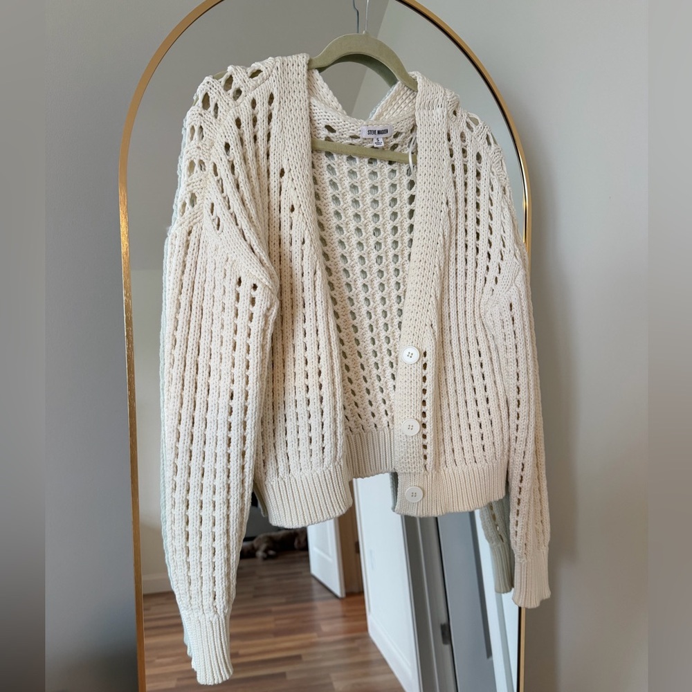 Steve Madden Cream V-Neck Button Front Open-Knit Sweater - Picture 4 of 14